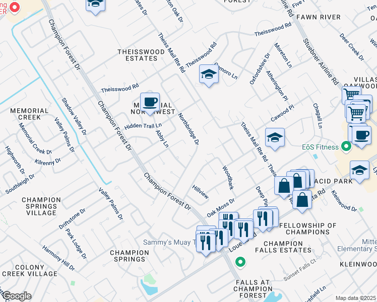 map of restaurants, bars, coffee shops, grocery stores, and more near 8022 Northbridge Drive in Spring