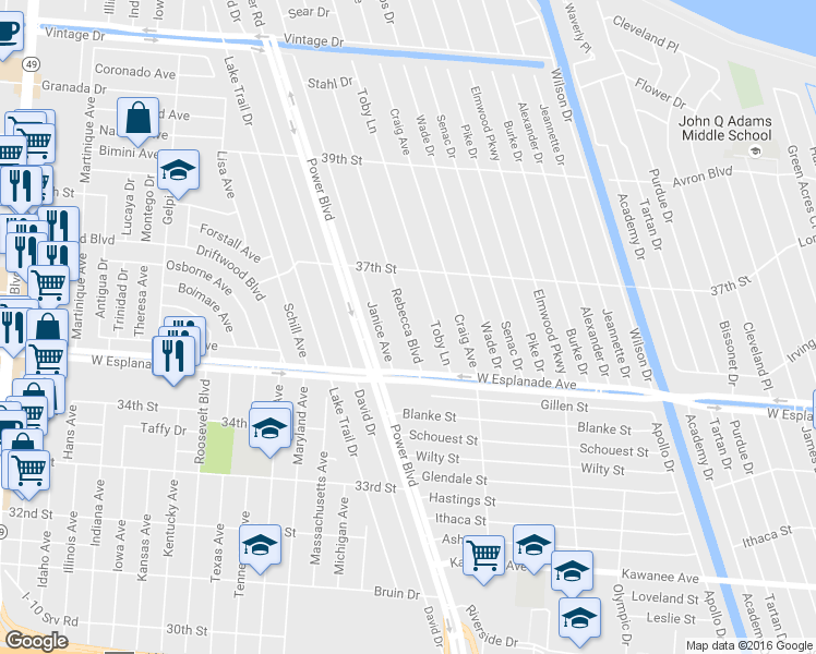 map of restaurants, bars, coffee shops, grocery stores, and more near 4525 Rebecca Boulevard in Metairie
