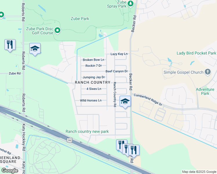 map of restaurants, bars, coffee shops, grocery stores, and more near 17425 Ranch Country Road in Hockley