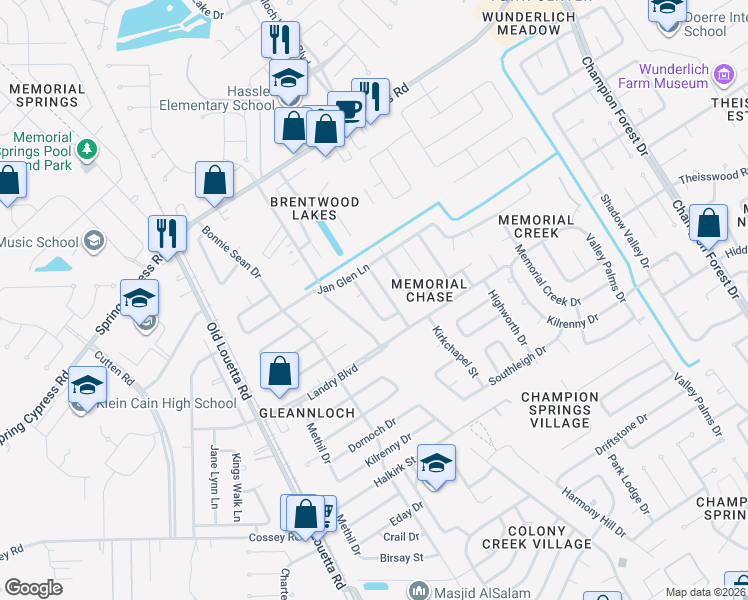 map of restaurants, bars, coffee shops, grocery stores, and more near 17315 Modbury Drive in Spring
