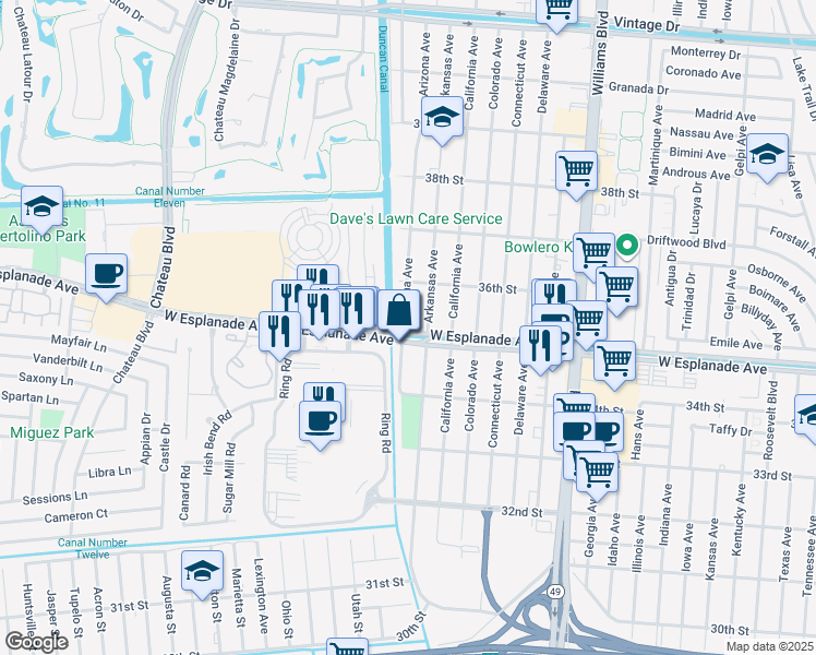 map of restaurants, bars, coffee shops, grocery stores, and more near 3508 Arizona Avenue in Kenner