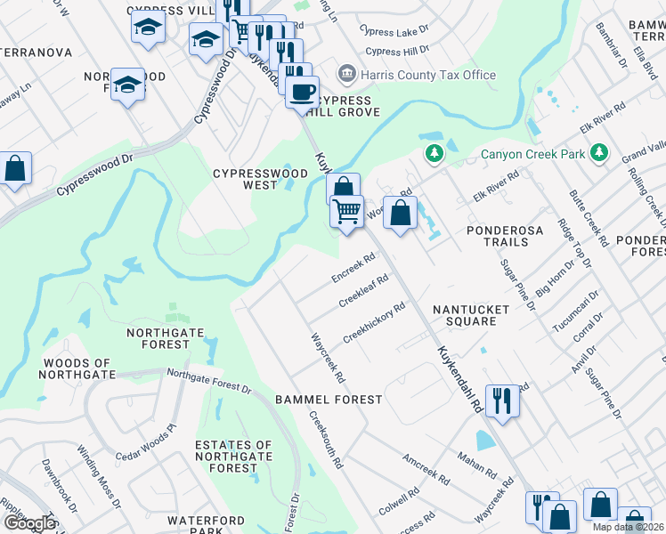 map of restaurants, bars, coffee shops, grocery stores, and more near 2406 Encreek Road in Houston