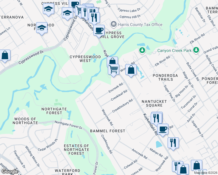 map of restaurants, bars, coffee shops, grocery stores, and more near 2406 Encreek Road in Houston