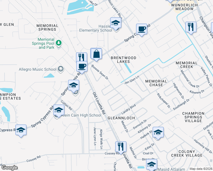 map of restaurants, bars, coffee shops, grocery stores, and more near 17422 Bonnie Sean Drive in Spring
