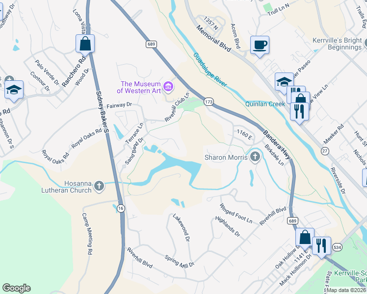 map of restaurants, bars, coffee shops, grocery stores, and more near 542 Fairway Drive in Kerrville