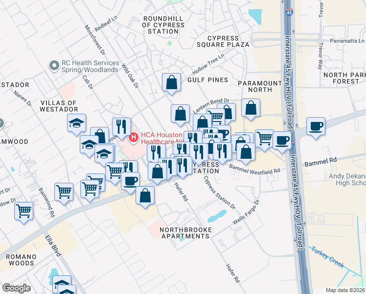 map of restaurants, bars, coffee shops, grocery stores, and more near 17402 Wild Oak Drive in Houston