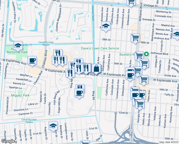 map of restaurants, bars, coffee shops, grocery stores, and more near 1500 West Esplanade Avenue in Kenner