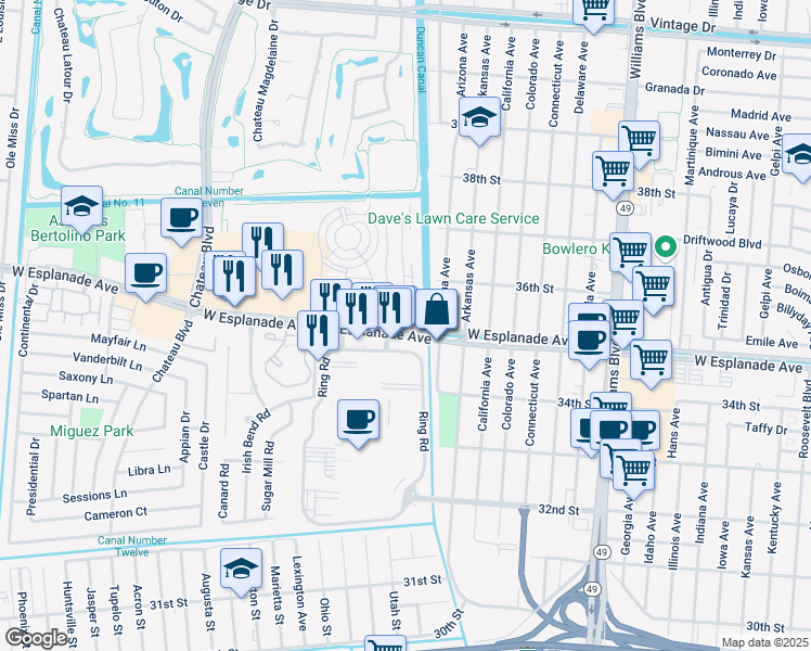 map of restaurants, bars, coffee shops, grocery stores, and more near 30c Rue Chardonnay in Kenner