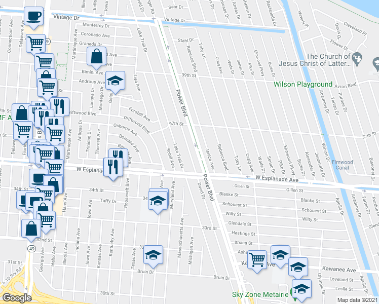 map of restaurants, bars, coffee shops, grocery stores, and more near 4525 David Drive in Kenner