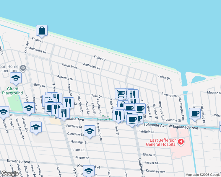 map of restaurants, bars, coffee shops, grocery stores, and more near 4704 Lefkoe Street in Metairie