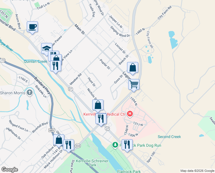 map of restaurants, bars, coffee shops, grocery stores, and more near 400 Goss Street in Kerrville