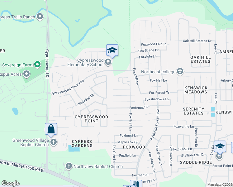 map of restaurants, bars, coffee shops, grocery stores, and more near 6916 Foxcroft Lane in Humble