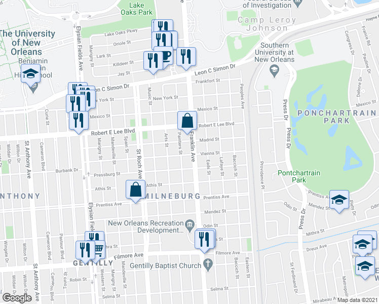 map of restaurants, bars, coffee shops, grocery stores, and more near 6029 Painters Street in New Orleans