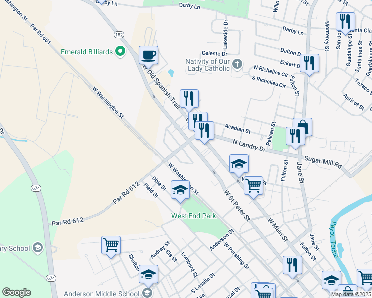 map of restaurants, bars, coffee shops, grocery stores, and more near 178-200 South Landry Drive in New Iberia