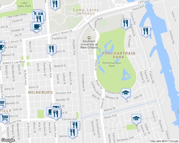 map of restaurants, bars, coffee shops, grocery stores, and more near Campus Boulevard in New Orleans