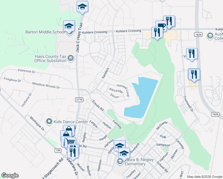 map of restaurants, bars, coffee shops, grocery stores, and more near 135 Breedlove in Kyle
