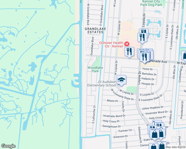 map of restaurants, bars, coffee shops, grocery stores, and more near 9 North Catahoula Court in Kenner