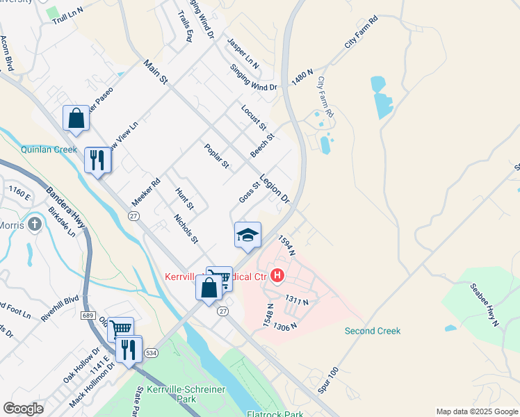 map of restaurants, bars, coffee shops, grocery stores, and more near 3215 Legion Drive in Kerrville
