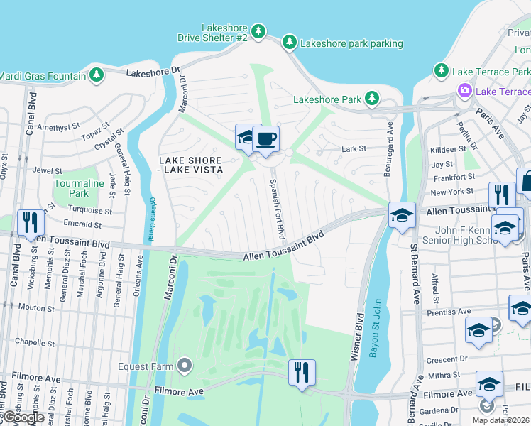 map of restaurants, bars, coffee shops, grocery stores, and more near 56 Egret Street in New Orleans