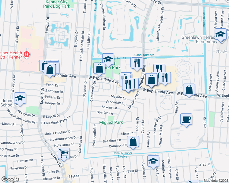 map of restaurants, bars, coffee shops, grocery stores, and more near 165 Avant Garde Circle in Kenner