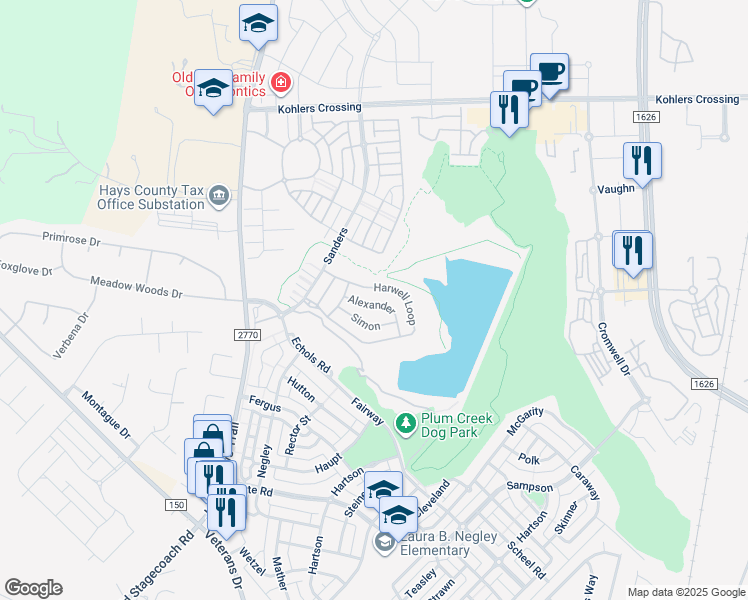map of restaurants, bars, coffee shops, grocery stores, and more near 1088 Harwell Loop in Kyle