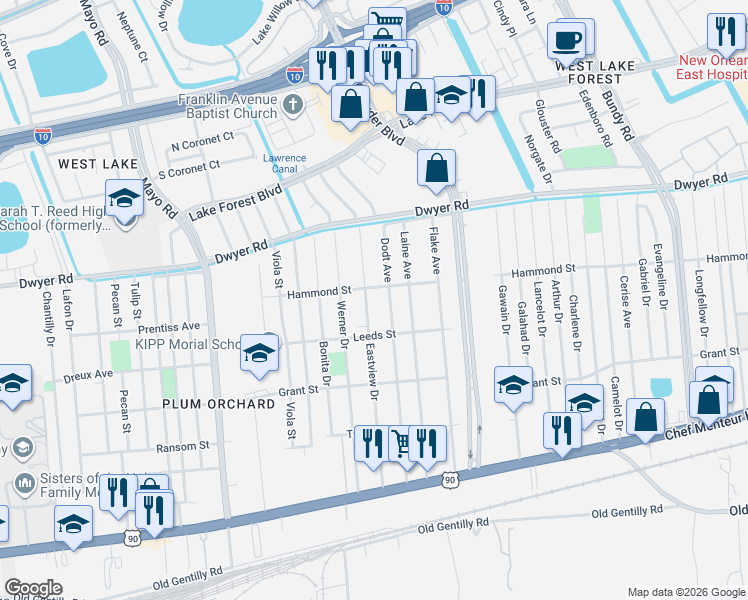 map of restaurants, bars, coffee shops, grocery stores, and more near 4769 Eastview Drive in New Orleans