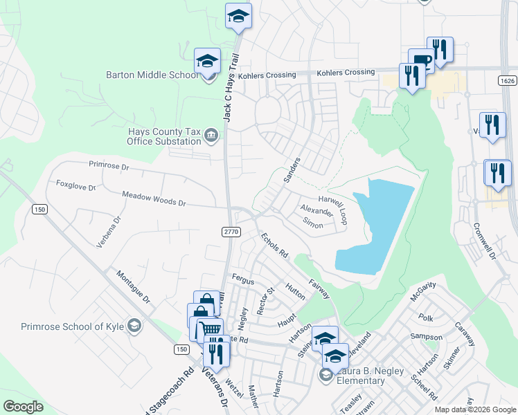 map of restaurants, bars, coffee shops, grocery stores, and more near 1640 Fairway in Kyle