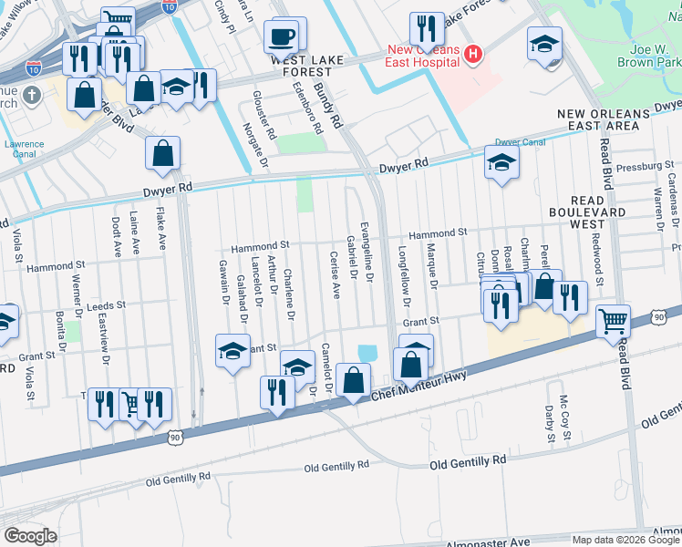 map of restaurants, bars, coffee shops, grocery stores, and more near 4741 Camelot Drive in New Orleans