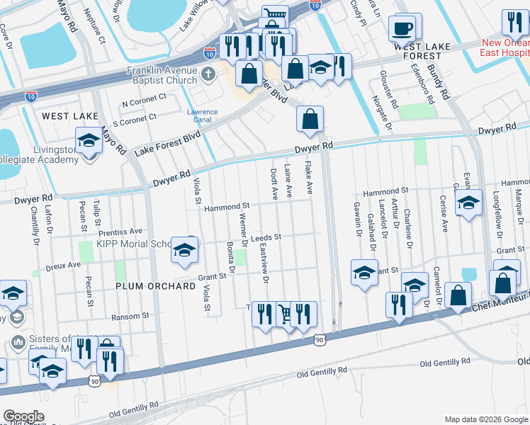 map of restaurants, bars, coffee shops, grocery stores, and more near 4769 Eastview Drive in New Orleans
