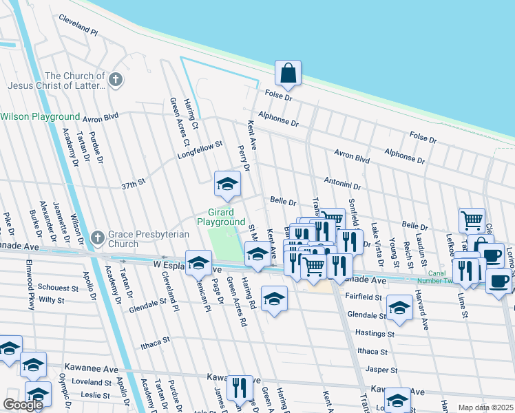 map of restaurants, bars, coffee shops, grocery stores, and more near 5136 Belle Drive in Metairie