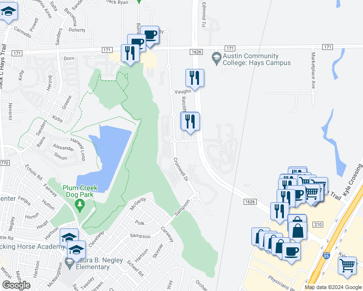map of restaurants, bars, coffee shops, grocery stores, and more near 4624 Ratcliffe Drive in Kyle