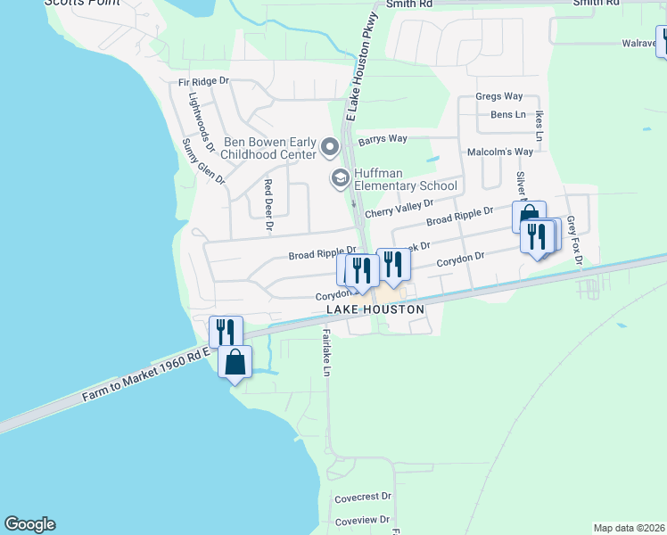 map of restaurants, bars, coffee shops, grocery stores, and more near 522 Broad Ripple Drive in Huffman