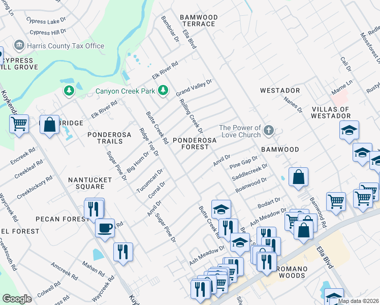 map of restaurants, bars, coffee shops, grocery stores, and more near 1711 Wagon Gap Trail in Houston