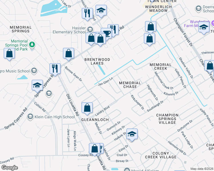 map of restaurants, bars, coffee shops, grocery stores, and more near 9411 Jan Glen Lane in Spring