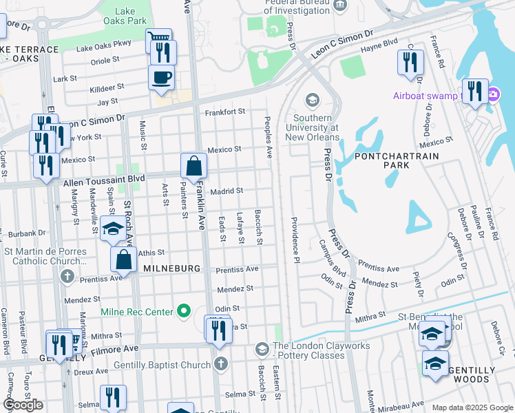map of restaurants, bars, coffee shops, grocery stores, and more near 6002 Baccich Street in New Orleans