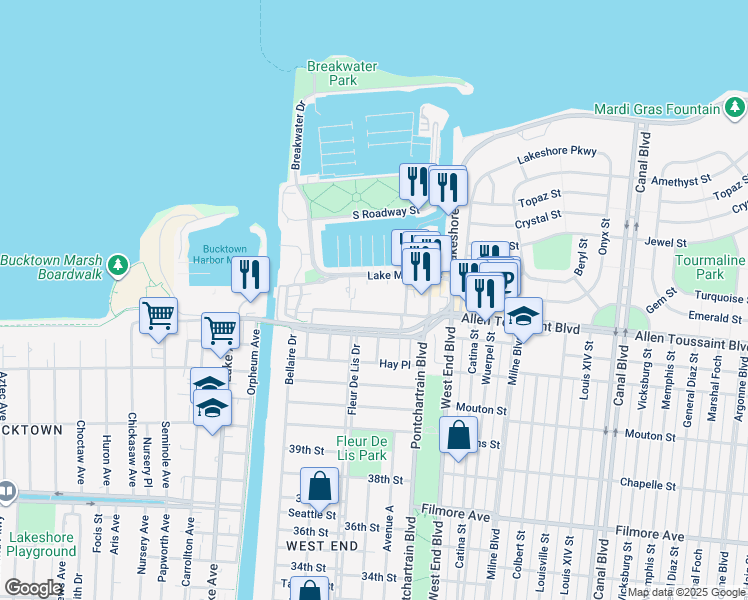 map of restaurants, bars, coffee shops, grocery stores, and more near 251 West Robert E Lee Boulevard in New Orleans