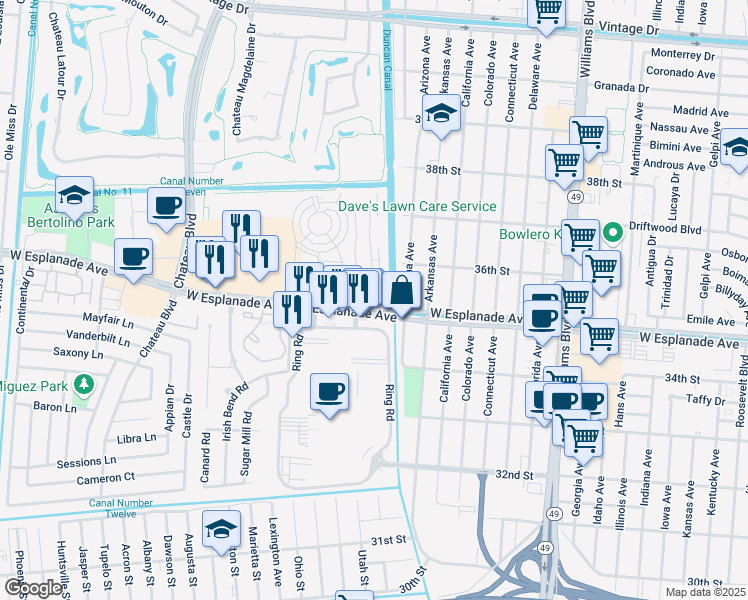 map of restaurants, bars, coffee shops, grocery stores, and more near 30c Rue Chardonnay in Kenner