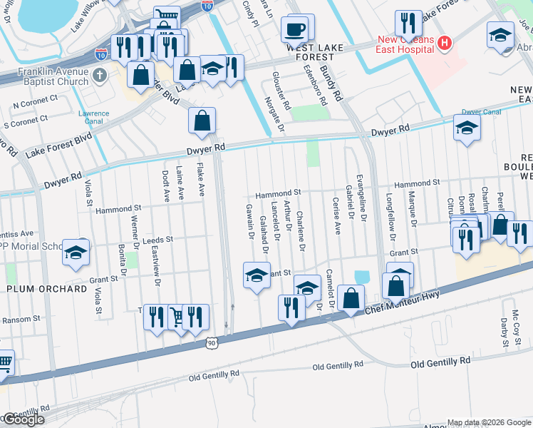 map of restaurants, bars, coffee shops, grocery stores, and more near 4767 Gawain Drive in New Orleans
