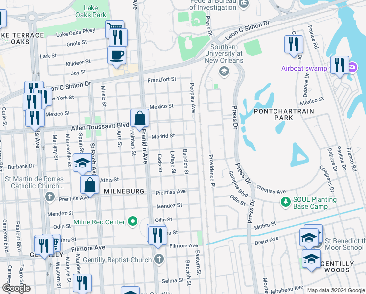 map of restaurants, bars, coffee shops, grocery stores, and more near 6002 Baccich Street in New Orleans