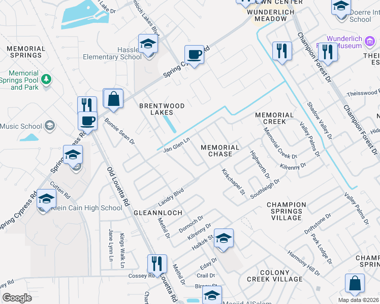 map of restaurants, bars, coffee shops, grocery stores, and more near 17315 Modbury Drive in Spring