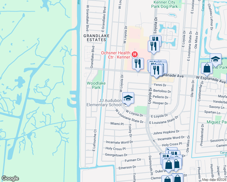 map of restaurants, bars, coffee shops, grocery stores, and more near 200 West Louisiana State Drive in Kenner