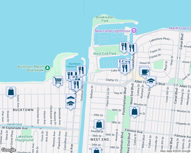 map of restaurants, bars, coffee shops, grocery stores, and more near 14 Mariners Cove East in New Orleans