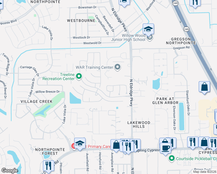 map of restaurants, bars, coffee shops, grocery stores, and more near 12118 Hodges Grove Lane in Tomball