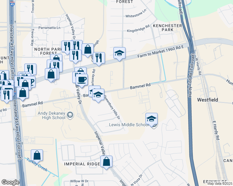 map of restaurants, bars, coffee shops, grocery stores, and more near 922 Bammel Road in Houston