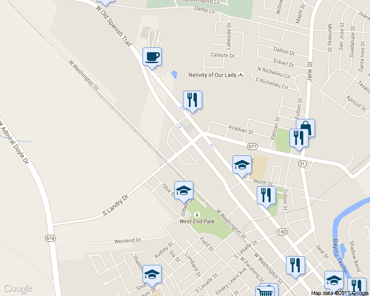 map of restaurants, bars, coffee shops, grocery stores, and more near 200 South Landry Drive in New Iberia