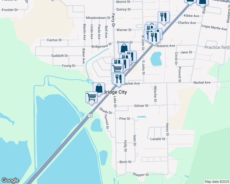 map of restaurants, bars, coffee shops, grocery stores, and more near in Bridge City