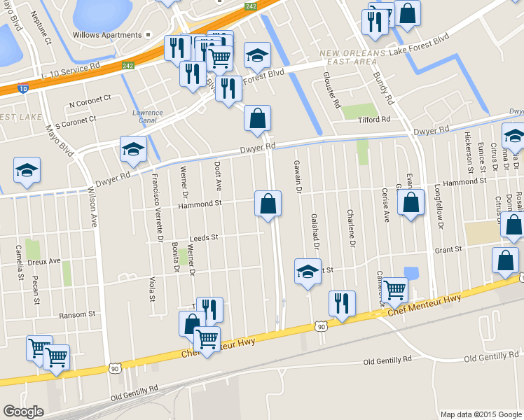 map of restaurants, bars, coffee shops, grocery stores, and more near 4771 Flake Avenue in New Orleans