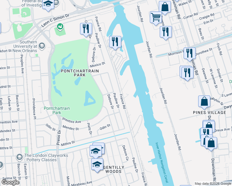 map of restaurants, bars, coffee shops, grocery stores, and more near 5753 Pauline Drive in New Orleans