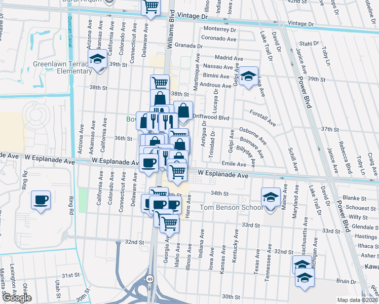 map of restaurants, bars, coffee shops, grocery stores, and more near 3557 Martinique Avenue in Kenner