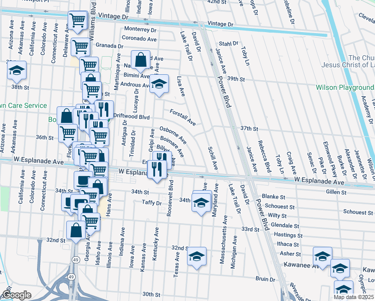 map of restaurants, bars, coffee shops, grocery stores, and more near 17 Driftwood Boulevard in Kenner